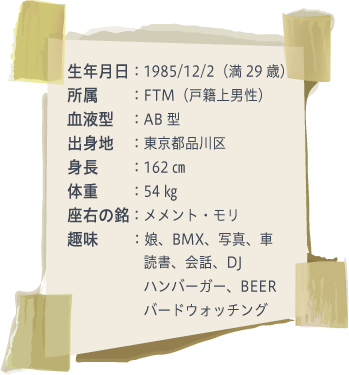 生年月日：1985/12/2（満29歳）
所属　　：FTM（戸籍上男性）
血液型　：ab型
出身地　：東京都品川区
身長　　：162㎝
体重　　：54㎏
座右の銘：メメント・モリ
趣味        ：娘、BMX、写真、車
　　　　　読書、会話、DJ
  　　 　 　ハンバーガー、BEER
                 　バードウォッチング